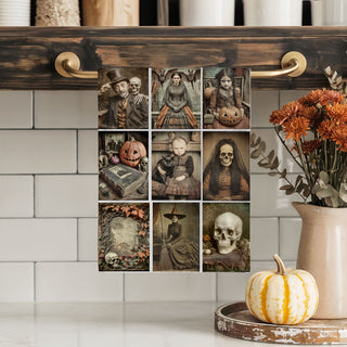 retro halloween kitchen linen with creepy family photos
unique halloween hand towel with vintage photograph collage
vintage halloween pumpkin and skull towel for moody décor
antique postcard style halloween picture towel
