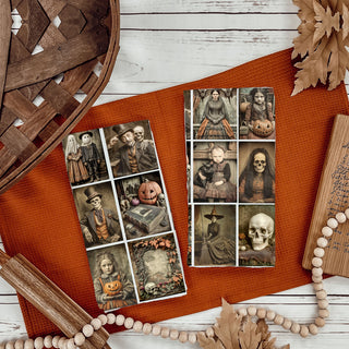 creepy halloween towel with moody portraits and jack o lanterns
unique halloween kitchen towel for horror movie lovers
gothic vintage halloween towel for dark cottagecore décor