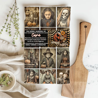 vintage halloween picture dish towel with creepy portraits
gothic halloween flour sack kitchen towel with skulls and witches
creepy victorian photo collage halloween tea towel
spooky vintage portrait towel for halloween kitchen décor