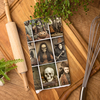 dark academia halloween towel with old photos and skulls
victorian halloween art towel for moody fall kitchen
horror themed vintage photo collage towel 
spooky season kitchen towel with gothic halloween imagery
Vintage Halloween Picture Flour Sack Towel – Creepy Gothic Photo Collage Halloween Kitchen Dish Towel