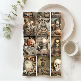 halloween kitchen décor towel with haunted portrait collage
creepy child holding black cat vintage halloween towel
retro halloween photograph dish towel for gothic home décor
antique style halloween picture towel 
vintage halloween decor idea using creepy picture dish towel