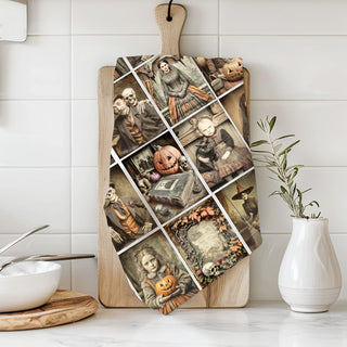 unique halloween towel with sepia witch and skull photos
vintage halloween gift idea creepy collage dish towel
antique photograph halloween towel for haunted kitchen décor