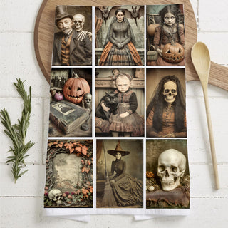 unique retro halloween towel for themed party hosting
vintage halloween textile with eerie portraits and pumpkins
classic sepia halloween towel for nostalgic fall décor
vintage skeleton and witch kitchen towel for gothic gifts