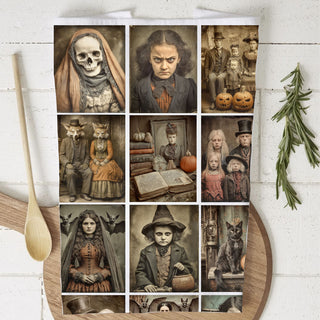 vintage halloween hand towel with creepy family portraits
antique style witch and black cat halloween gift towel
vintage-inspired halloween skull towel for horror movie fans
spooky halloween flour sack towel for vintage kitchen décor