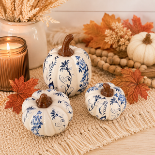 Ceramic chinoiserie pumpkins for seasonal display
Blue and white pumpkins with floral motif
White pumpkins with blue ornate pattern
Blue and white pumpkins for sophisticated fall decor
Blue and white decorative pumpkins for Thanksgiving table