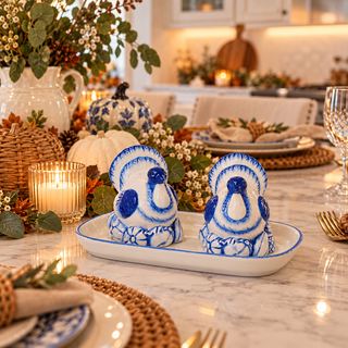 Fall turkey salt and pepper shaker set
Farmhouse Thanksgiving salt and pepper shakers
Thanksgiving table accessories with turkey design
Blue and white fall kitchen decor