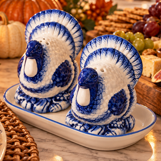 Blue and white turkey salt and pepper shaker set with matching tray
Blue & White Turkey Salt & Pepper Shakers with Tray | Thanksgiving Decor
Chinoiserie Thanksgiving Dinner Table Decor