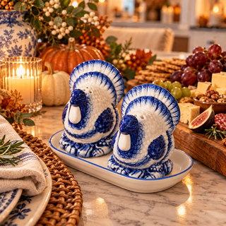 blue and white turkey salt and pepper shaker set with matching tray. Hand-painted Thanksgiving table decor perfect for fall kitchens, farmhouse styling, hostess gifts and seasonal entertaining