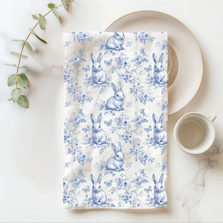 blue toile bunny towel for farmhouse kitchen
springtime bunny and butterfly print towel
decorative bunny kitchen hand towel cotton
bunny print flour sack towel for spring retail