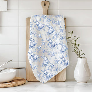 Blue and white bunny toile kitchen towel on wooden cutting board
Easter spring flour sack cotton dish towel with rabbit pattern
French country blue bunny kitchen towel farmhouse decor