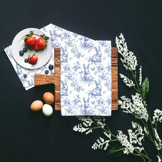 Spring kitchen towel blue toile rabbit butterfly pattern
Farmhouse style Easter bunny tea towel blue white
Decorative cotton kitchen towel with bunny toile print