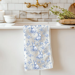 Coastal grandmother blue bunny kitchen dish towel
French toile Easter kitchen towel with rabbits
Blue white spring decor kitchen towel bunny floral