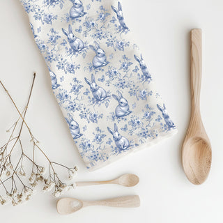 Cottage style flour sack towel Easter bunny design
Classic toile pattern dish towel blue bunnies flowers
Easter home decor blue white bunny kitchen towel