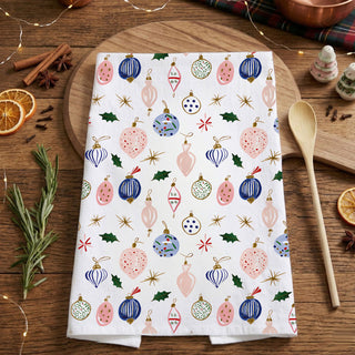 christmas dish towel close up ornament print
holiday kitchen towel styled with decor
christmas towel on wooden board baking setup
festive kitchen towel neutral home decor
christmas kitchen styling towel holiday setup
ornament print kitchen towel lifestyle photo