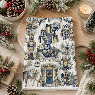 heirloom Christmas kitchen decor
timeless blue holiday kitchen towel
nostalgic blue Christmas kitchen towel
festive Christmas linen with vintage illustrations
decorative Christmas linen with woodland animals
blue holiday towel with reindeer and presents
Christmas kitchen towel with old fashioned charm
traditional Christmas tea towel with blue accents
vintage inspired winter kitchen decor
blue Christmas kitchen towel for seasonal decorating
