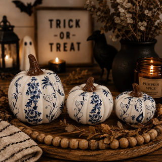 elegant blue white pumpkin decor autumn styling
patterned blue white pumpkins fall decoration
chinoiserie pumpkin decor for fall home styling
blue and white home decor pumpkins chinoiserie style
coastal chic pumpkin decor blue and white set