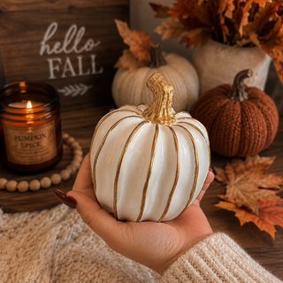 white resin pumpkin with gold stem fall decor neutral home
white pumpkin decor with gold accents elegant autumn styling
set of white gold pumpkins modern fall home decor
neutral fall decor white pumpkins with gold detailing
white and gold pumpkin centerpiece for dining table fall decor
luxury fall decor white pumpkins gold stem minimalist home
modern farmhouse fall decor white pumpkin gold stripe design