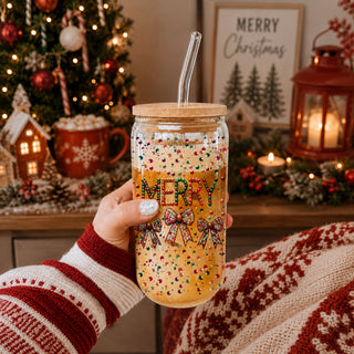 Holiday coffee tumbler – glass cup with colorful Christmas coquette bows
Christmas coffee mug – “Merry” glass tumbler with festive glitter design
Unique holiday coffee cup – sequins and glitter Christmas glass cup gift