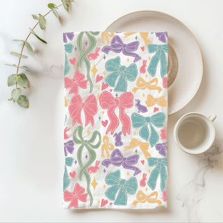 Spring ribbon kitchen towel colorful bow bunny design
Cottagecore Easter towel pastel bows ribbons
Farmhouse bow kitchen towel spring bunny pattern