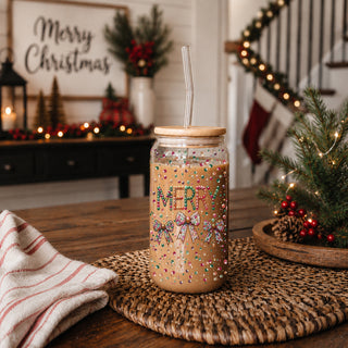 Hot chocolate cup Christmas Merry glass tumbler 17oz - Sequin coquette bow holiday drinkware bamboo lid
Holiday glass tumbler 17oz - Christmas Merry glitter sequin coffee cup bamboo lid - Coquette bow festive drinkware with straw