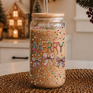 Festive holiday tumbler with bamboo lid - Merry glass cup with coquette bows
Glitter and sequin Christmas tumbler - 17oz glass cup with bamboo lid and straw
Colorful Christmas glass cup - Merry tumbler with glitter bow design