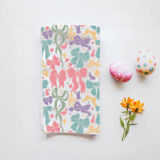 Farmhouse chic ribbon kitchen towel pastel Easter
Whimsical spring kitchen towel colorful bows bunnies
Pastel preppy bow kitchen towel cottage decor
Easter brunch kitchen towel bow ribbon pattern