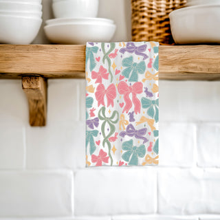 Easter kitchen linen pastel bow ribbon pattern
Whimsical bunny bow kitchen towel spring colors
Preppy pastel bow kitchen towel Easter decor