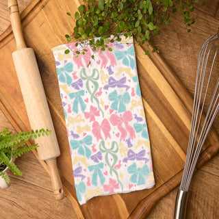 Pastel color palette kitchen towel bow ribbon Easter
Spring color bow kitchen towel bunny heart design
Colorful Easter kitchen towel bow pattern flour sack
Pastel bow bunny kitchen towel with hanging loop