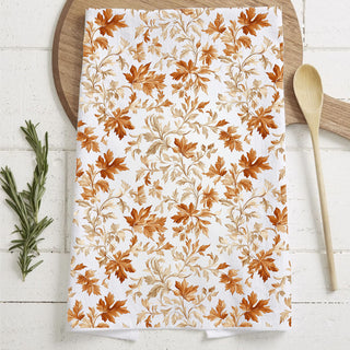 Cozy fall vibes to your kitchen with this autumn leaves flour sack towel. Made from 100% cotton, this absorbent fall dish towel is perfect for drying dishes, decorating your oven handle, or styling a Thanksgiving coffee bar. A beautiful farmhouse fall kitchen towel and easy hostess or housewarming gift.