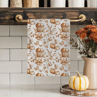vintage style pumpkin and leaf kitchen towel
pumpkin illustration autumn towel for cozy cottage kitchen
neutral cream and brown pumpkin pattern dish cloth
pumpkin patch themed autumn kitchen linen