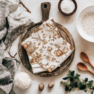 fall baking pumpkin towel beside mixing bowl and whisk
pumpkin spice lover kitchen towel for seasonal décor
brown pumpkin and foliage towel for traditional thanksgiving
elegant pumpkin and wheat fall tea towel