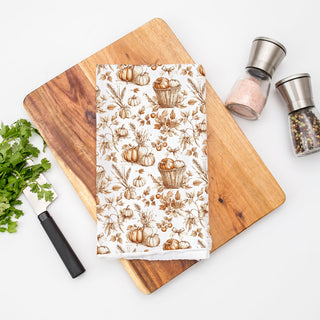 pumpkin kitchen towel used as fall bread basket liner
fall table setting with pumpkin cotton kitchen towel
seasonal pumpkin towel for autumn baking station
pumpkin print flour sack towel for thanksgiving hostess basket