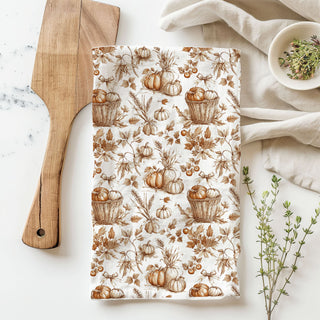 autumn pumpkins flour sack towel hanging on stove
pumpkin patch themed thanksgiving kitchen towel
brown and cream pumpkin print cotton hand towel
fall table styling with pumpkin kitchen towel