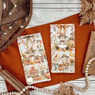 cute rabbit and pumpkin flour sack cotton towel
fall kitchen towel with dressed bunnies and leaves
autumn bunny family tea towel 
thanksgiving bunny dish towel for farmhouse kitchen
woodland animals fall towel with pumpkins 