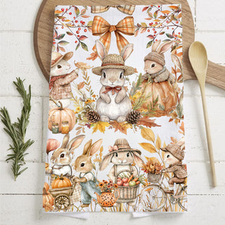 autumn bunny hostess gift cotton kitchen towel
fall farmhouse kitchen decor with bunny flour sack towel
cute bunny and pumpkin thanksgiving hand towel
fall rabbits in plaid outfits cotton kitchen towel
whimsical woodland bunny harvest towel with pumpkins and wheat