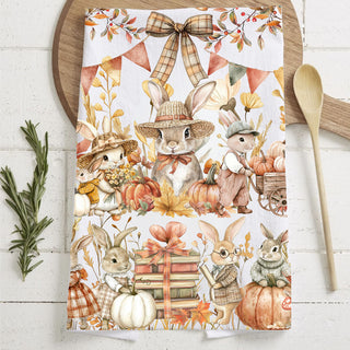 fall woodland animals kitchen towel with rabbits and pumpkins
bunny riding bicycle with pumpkins fall tea towel
adorable rabbit holding pumpkin mug fall kitchen towel
pumpkin spice season bunny kitchen towel with warm tones
bunny with bouquet of flowers fall tea towel