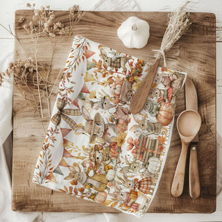 autumn rabbit and white pumpkin kitchen decor towel
pumpkin spice season bunny kitchen towel
fall animal kitchen towel with bunnies and foliage
pumpkin cart bunny cotton towel for autumn housewarming gift
fall bunny and lantern illustration on flour sack towel