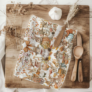fall bunny kitchen towel with autumn colors
cute rabbit fall dish towel for farmhouse kitchen
autumn bunnies and pumpkins cotton tea towel
woodland bunny family kitchen towel for thanksgiving decor
fall rabbit print flour sack towel hanging on oven door