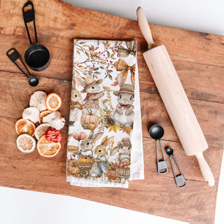fall woodland bunny print tea towel 
bunny reading books fall towel for cozy reading nook décor
cute rabbit and pumpkin patch towel for thanksgiving hostess gift