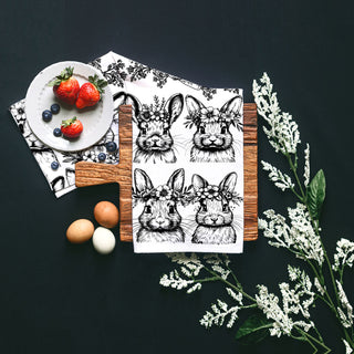 Black white spring kitchen towel bunny carrot botanical
Farmhouse bunny kitchen towel vintage illustration Easter
Floral crown bunny dish towel black white farmhouse spring
Easter bunny pattern kitchen towel vintage botanical design