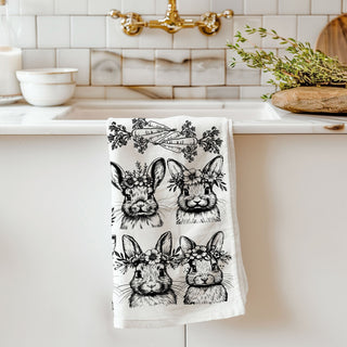 Black white farmhouse bunny kitchen towel Easter botanical
Hand illustrated bunny kitchen towel vintage floral crown
Easter spring bunny dish towel black white carrot design
Botanical bunny pattern kitchen towel vintage farmhouse
