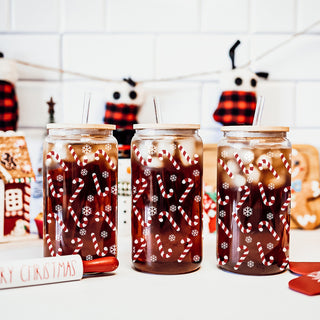 17oz glass Christmas cup with bamboo lid and straw - candy cane and snowflake design
Festive holiday tumbler with bamboo lid - Christmas candy cane glass cup