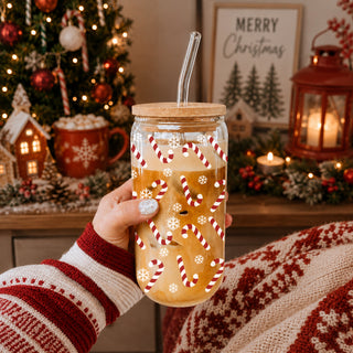Christmas beverage cup – glass tumbler with bamboo lid and reusable straw
Holiday kitchen accessory – festive Christmas glass cup for drinks
Christmas morning coffee mug – 17oz glass tumbler with festive design