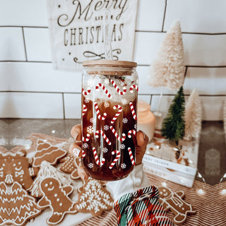 Coffee bar essential – 17oz glass Christmas tumbler with candy cane design
Christmas kitchen decor – glass coffee cup with snowflake and candy cane pattern