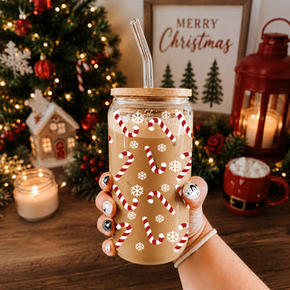 17oz glass Christmas cup with bamboo lid and straw - candy cane and snowflake design
Festive holiday tumbler with bamboo lid - Christmas candy cane glass cup
Christmas drinkware gift - candy cane glass tumbler with snowflake accents
