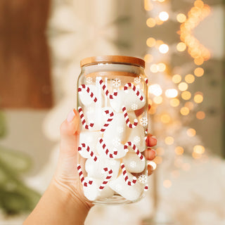 Reusable Christmas glass cup with straw - candy cane and snowflake print
Holiday drink tumbler - glass coffee cup with bamboo lid and festive design