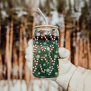 Christmas kitchen gifts glass cup 17oz - Holiday coffee tumbler bamboo lid - Candy cane snowflake drinkware
17oz Christmas glass tumbler - Holiday coffee cup with glass straw bamboo lid - Festive kitchen decor