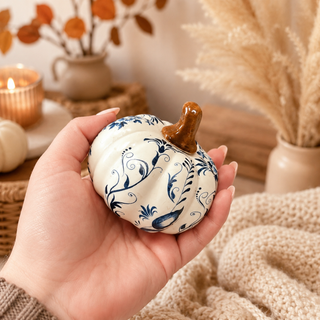 Chinoiserie pumpkins for entry table styling
Blue and white pumpkins for decorative tray styling
Blue pumpkins with white ceramic finish
White pumpkins with blue floral chinoiserie 