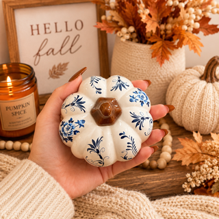 chinoiserie pumpkin set styled kitchen counter
autumn decor pumpkins styled minimalist home
blue white pumpkins styled with neutral decor
fall styling blue white pumpkin home decor
pumpkins styled chinoiserie kitchen decoR