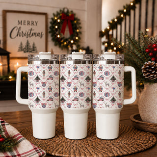 chinoiserie pink and blue Christmas tumbler,” “grandmillennial chinoiserie Christmas tumbler,” “pink bow chinoiserie Christmas tumbler,” “40oz chinoiserie Christmas tumbler with handle,” and “Christmas gift for pink and blue chinoiserie decor lover